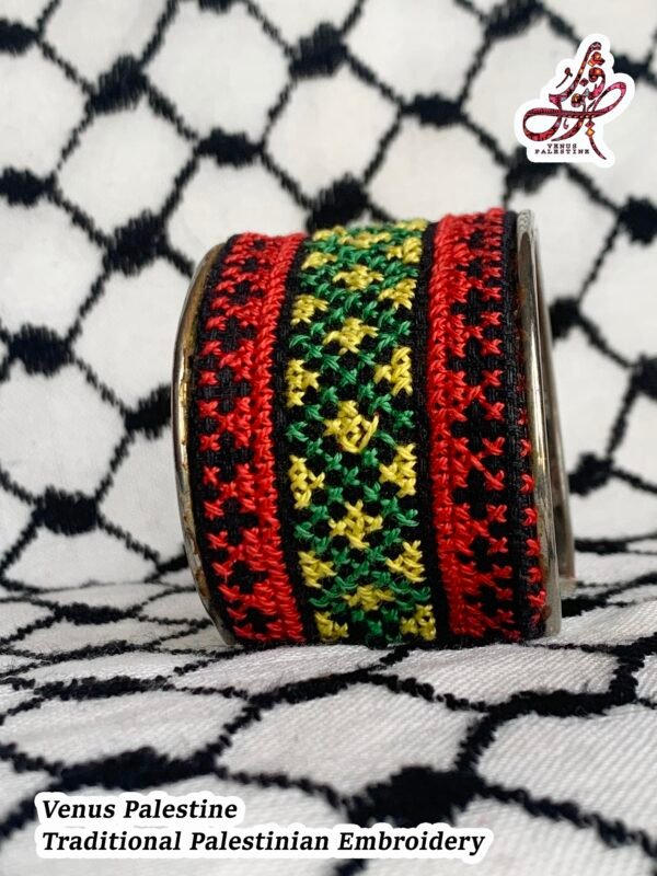 Handmade bracelet featuring authentic Palestinian embroidery and traditional Tatreez, crafted in Gaza